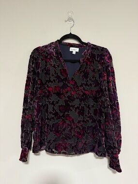 Evereve Purple Floral Velvet Burnout V-Neck Popover Blouse Size Small